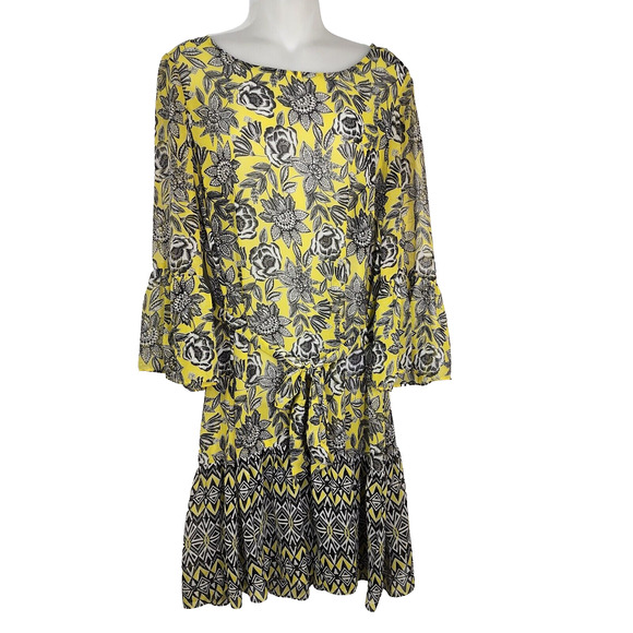 Prelude Women A line Dress 12 Belted Tie Waist Floral Yellow Bell Sleeve Chiffon - Picture 1 of 11